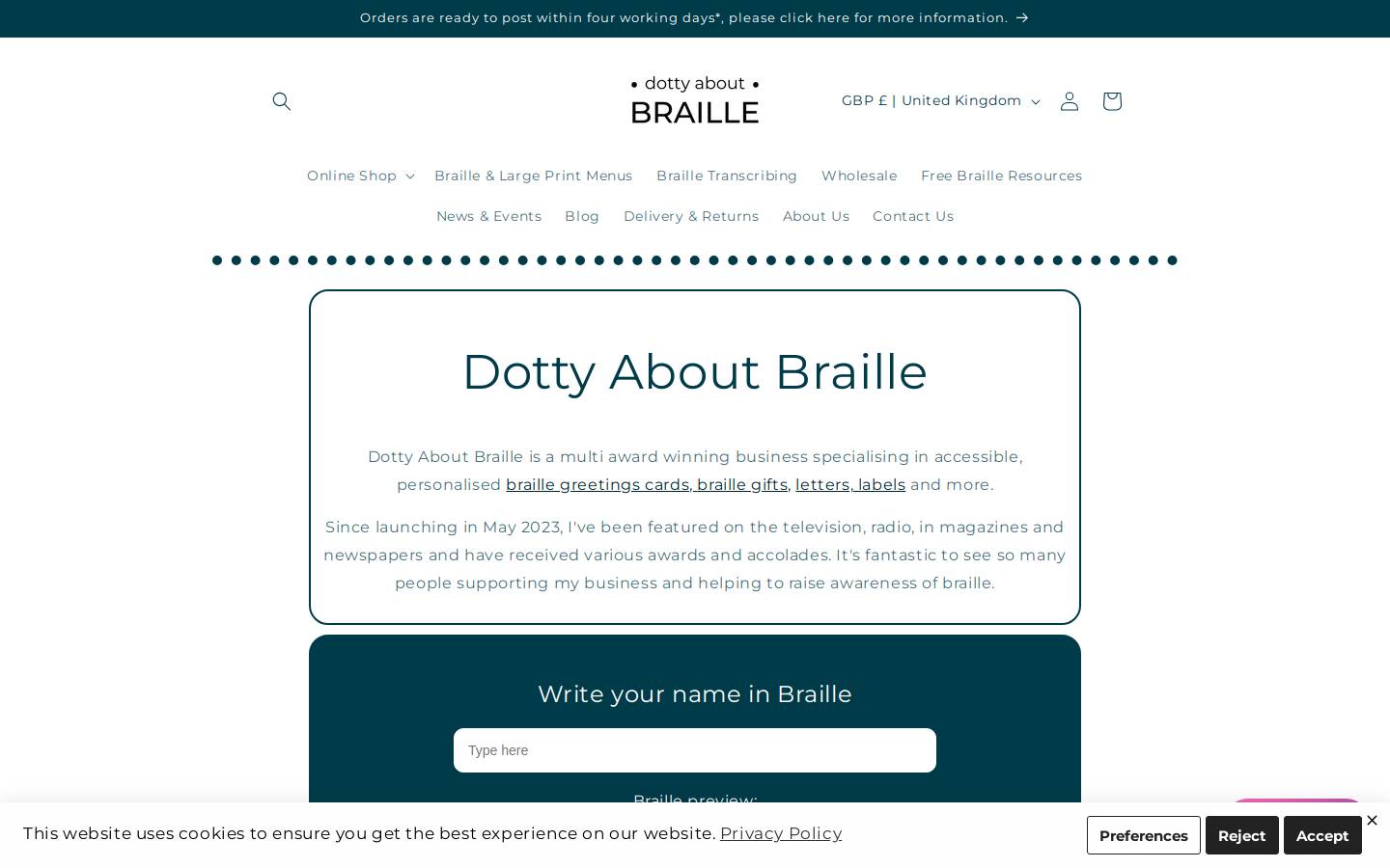dottyaboutbraille.com homepage screenshot