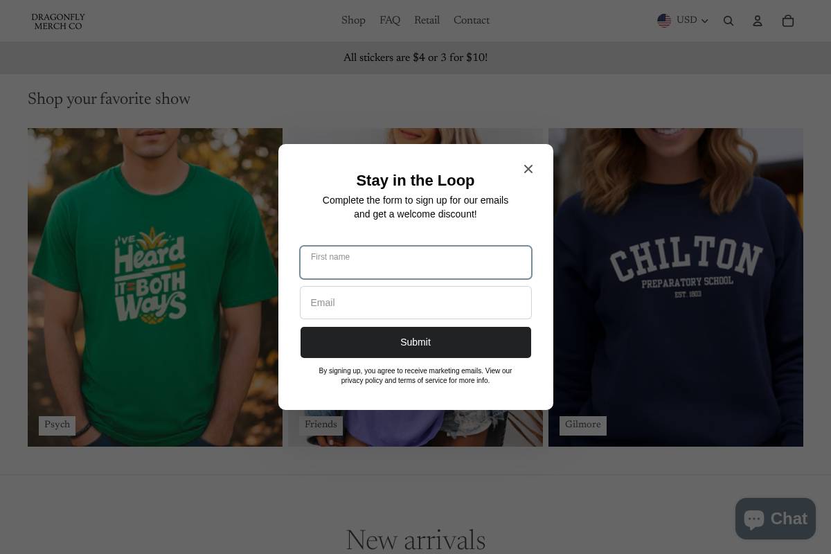 dragonflymerchco.com homepage screenshot