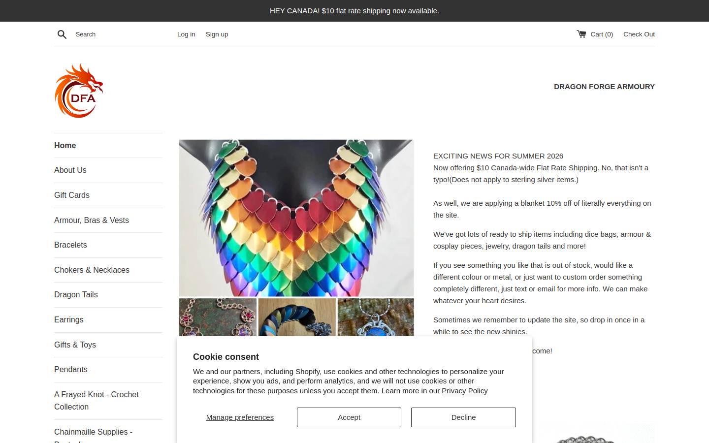 dragonforgearmoury.ca homepage screenshot