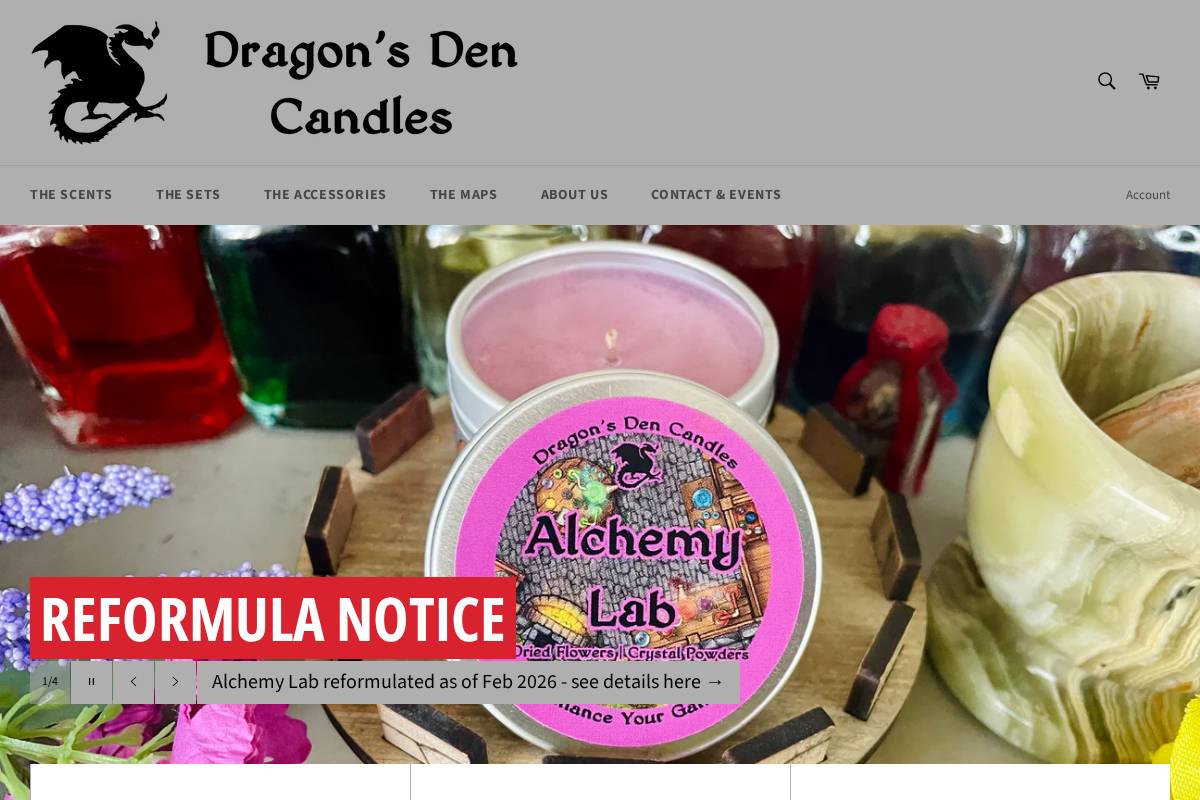 dragonsdencandles.com homepage screenshot