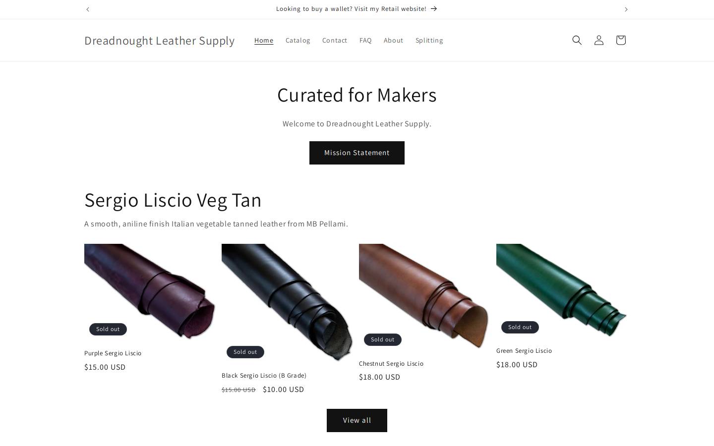 dreadnoughtleathersupply.com homepage screenshot