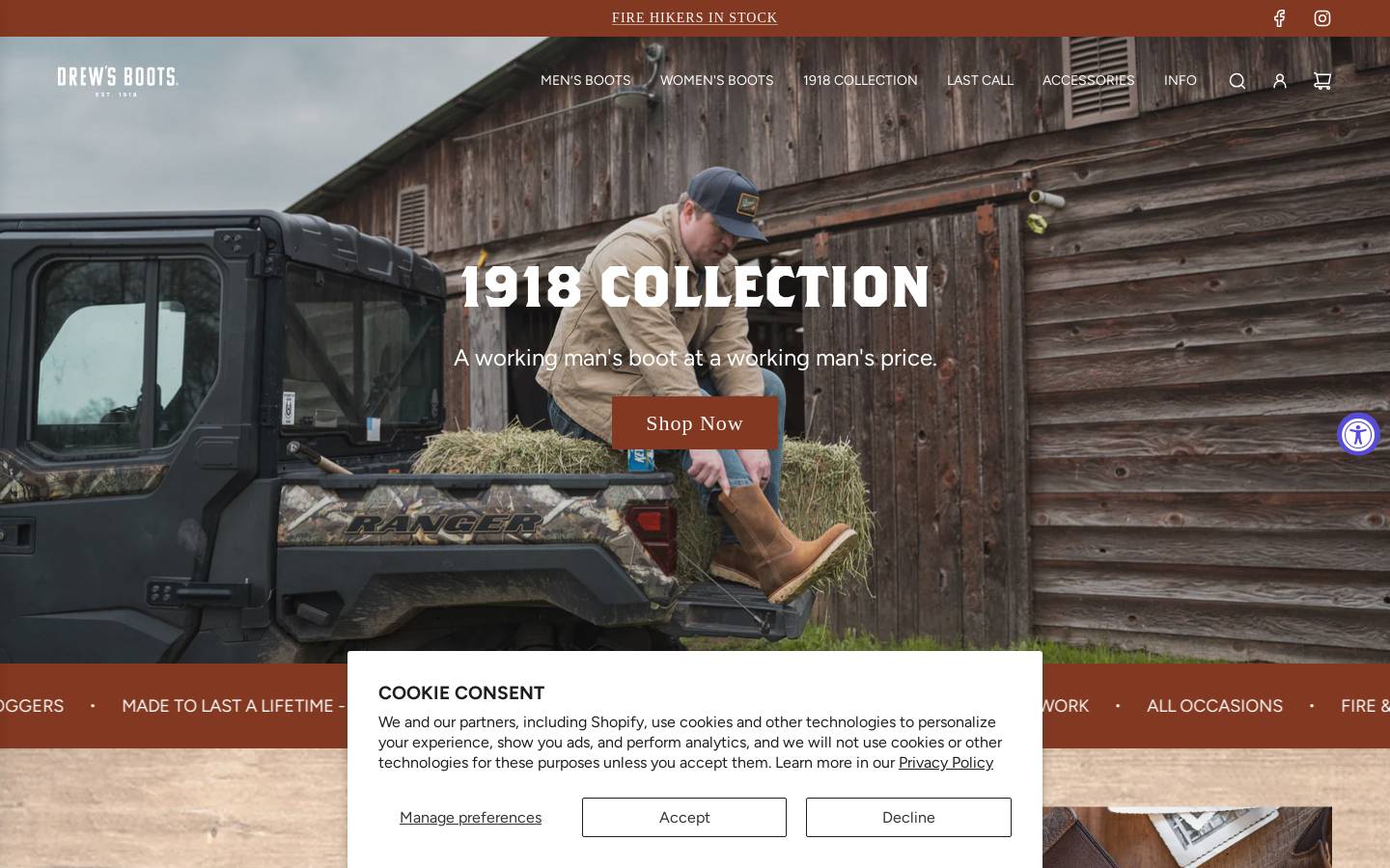 Drew's Boots homepage screenshot