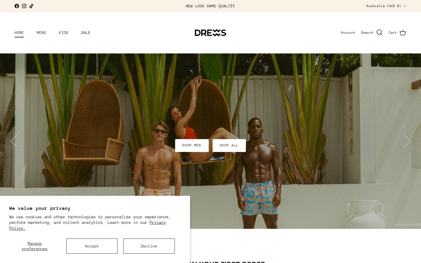 drewsclothing.com.au homepage screenshot
