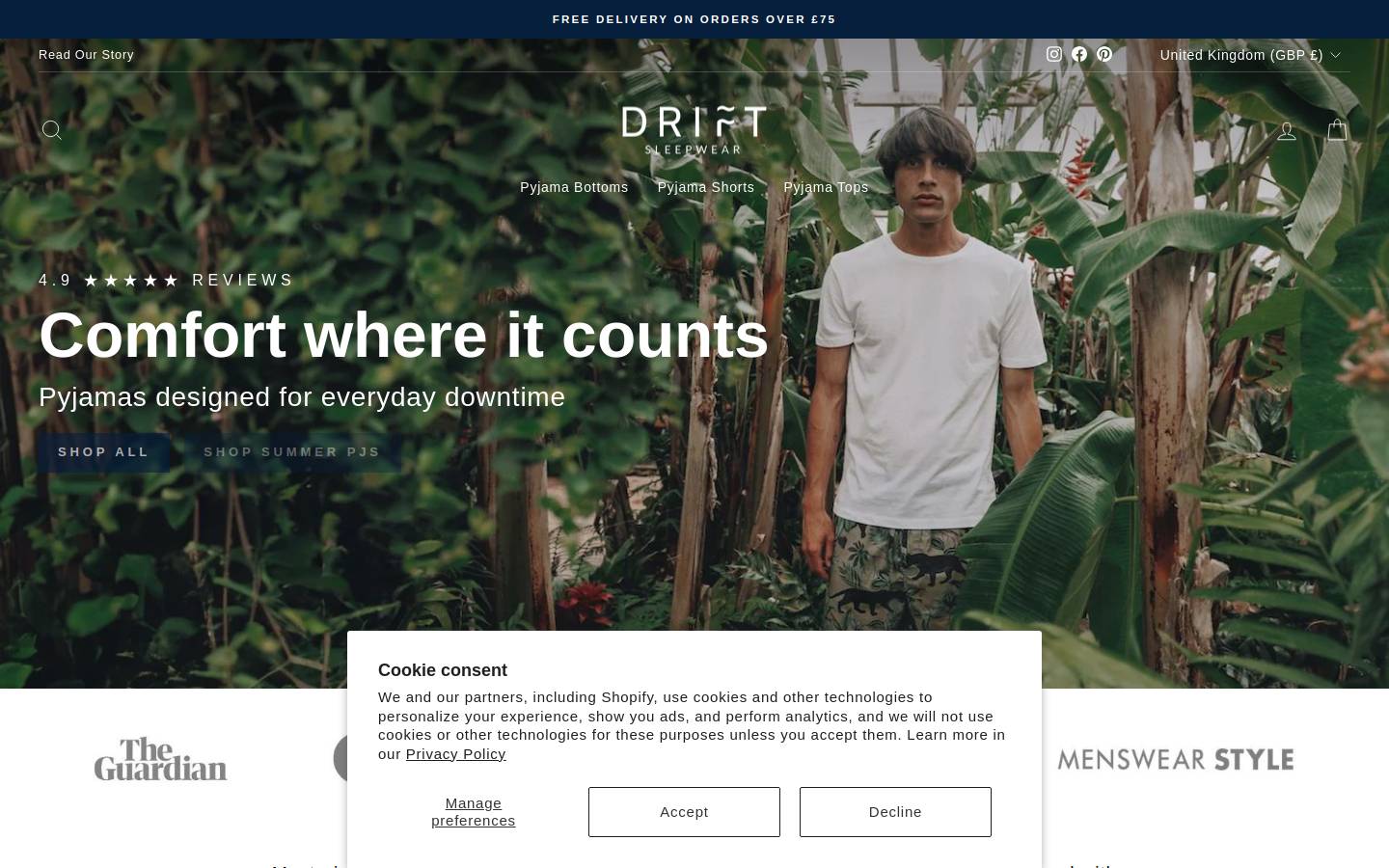 driftsleepwear.com homepage screenshot