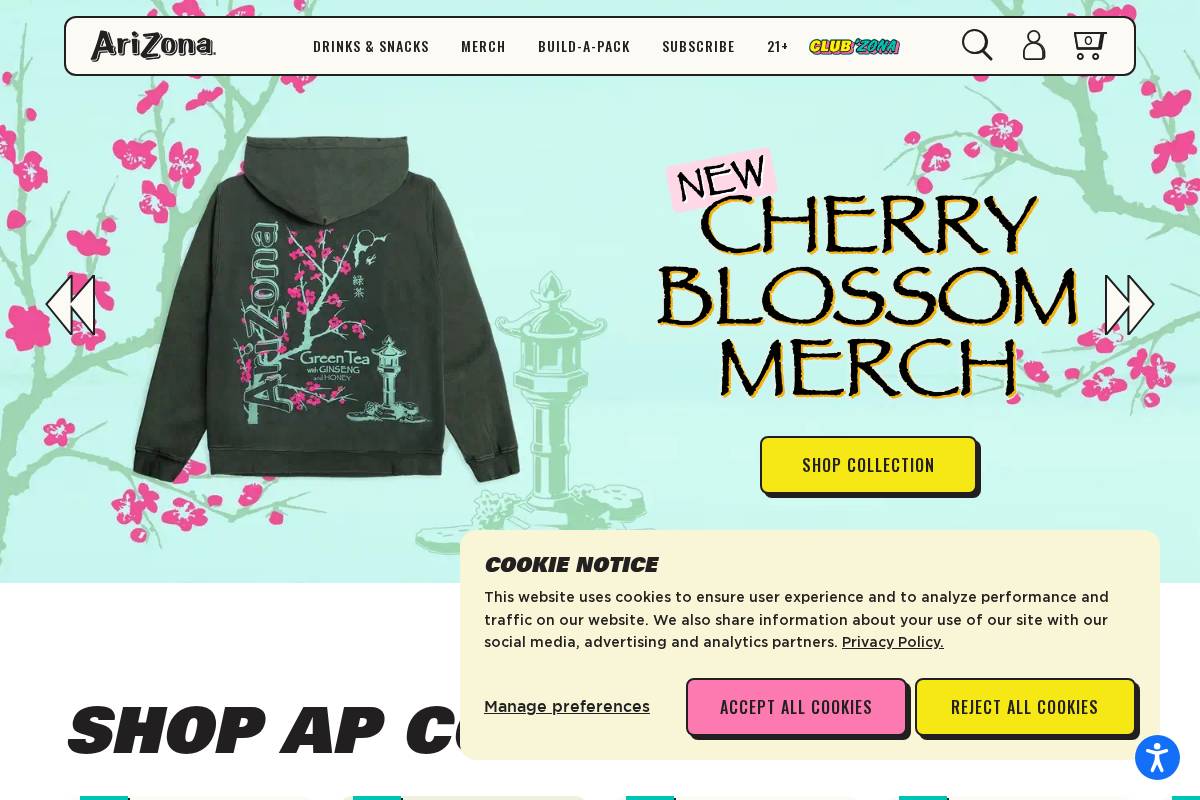 AriZona Beverages homepage screenshot