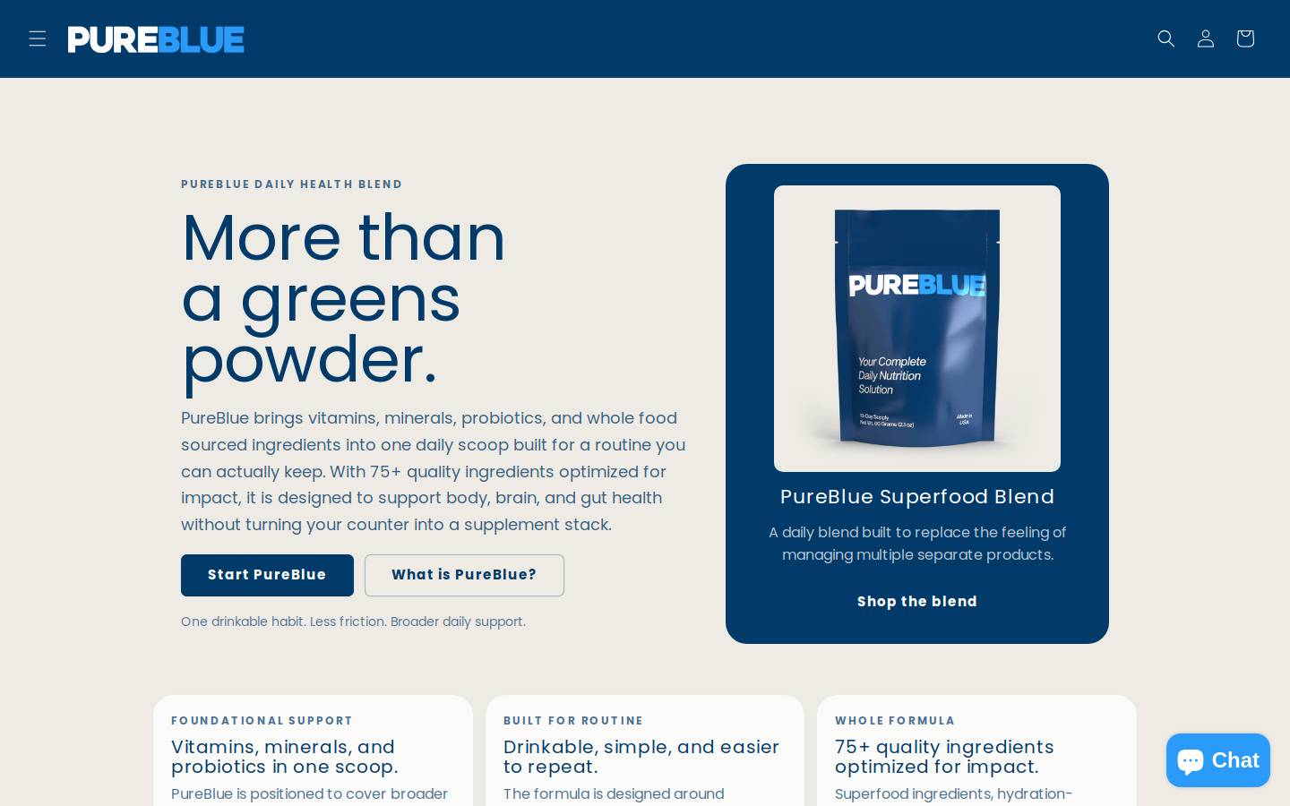 drinkpureblue.com homepage screenshot