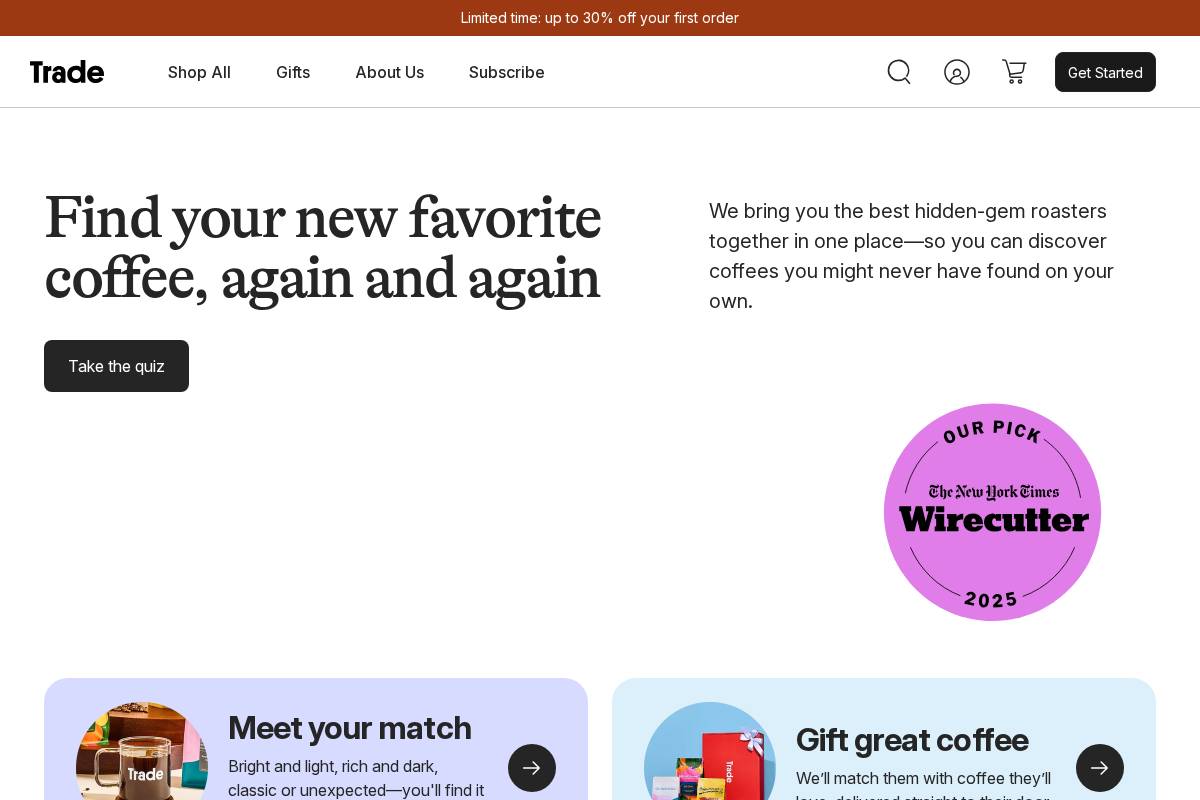 Trade Coffee homepage screenshot