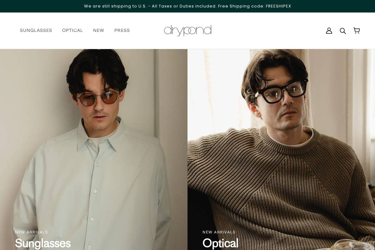 drypondeyewear.com homepage screenshot