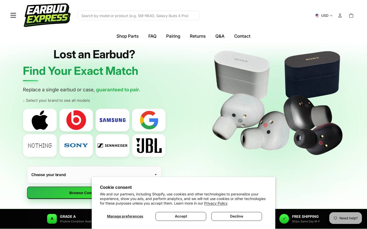 Earbud Express homepage screenshot