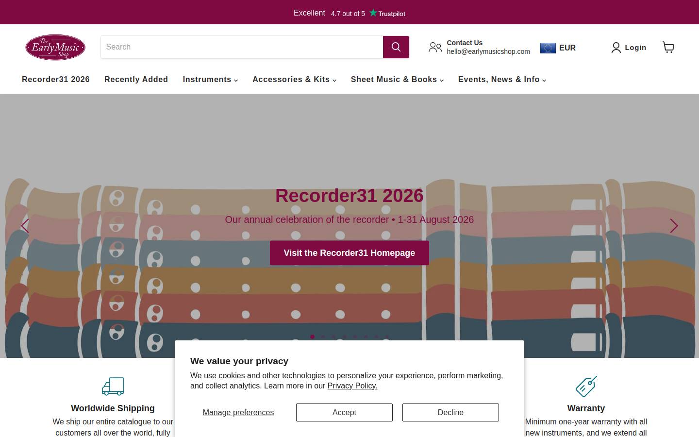 The Early Music Shop homepage screenshot