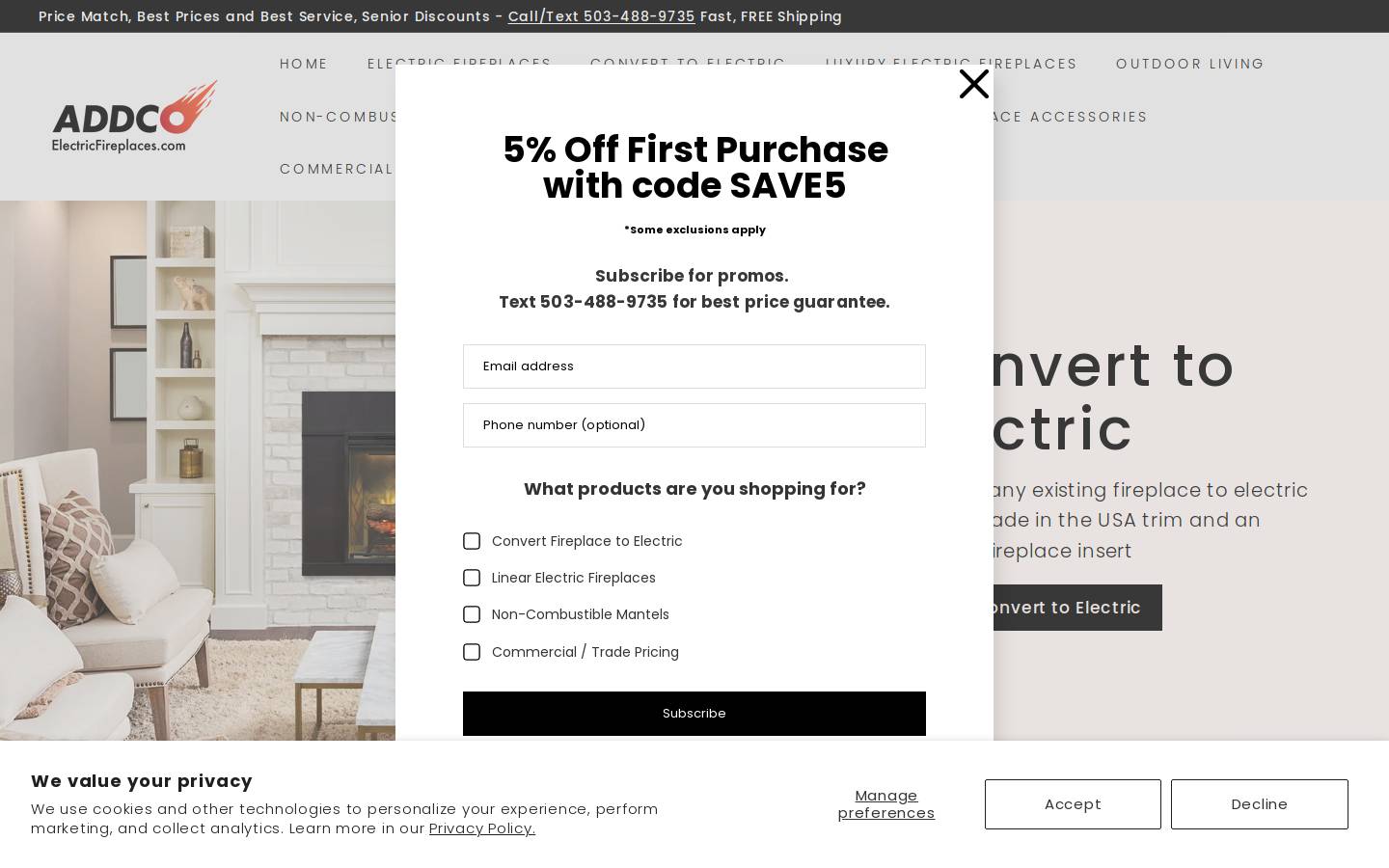 Electricfireplaces homepage screenshot