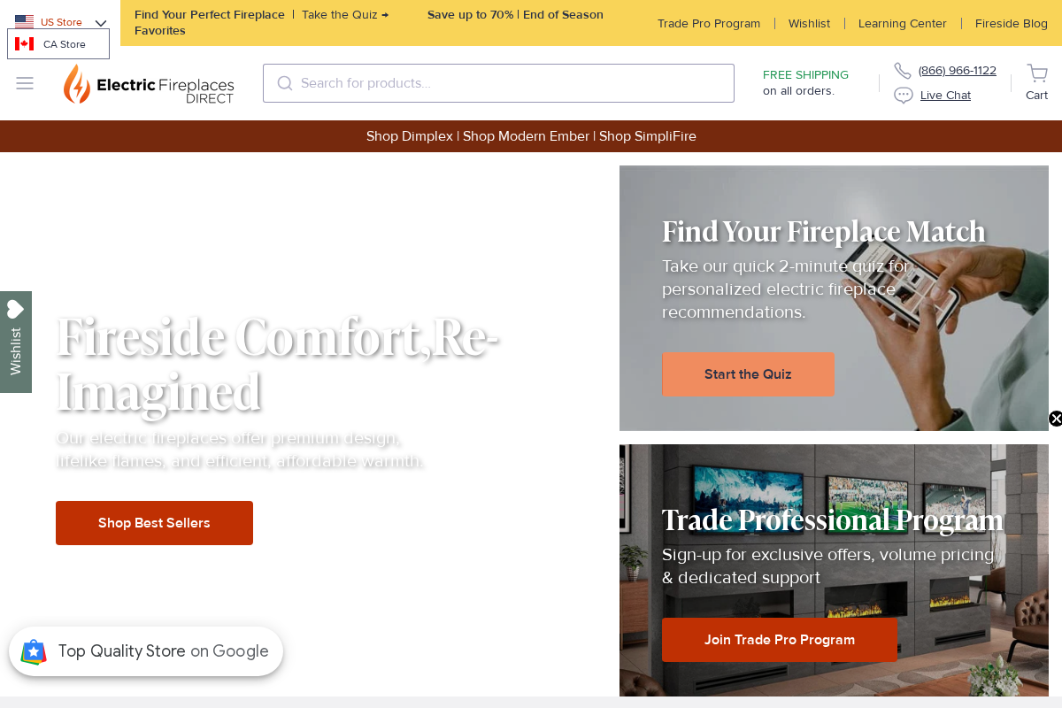 Electric Fireplaces homepage screenshot