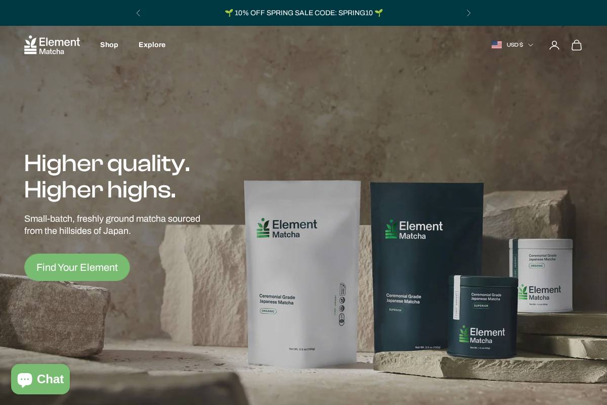 elementmatcha.com homepage screenshot