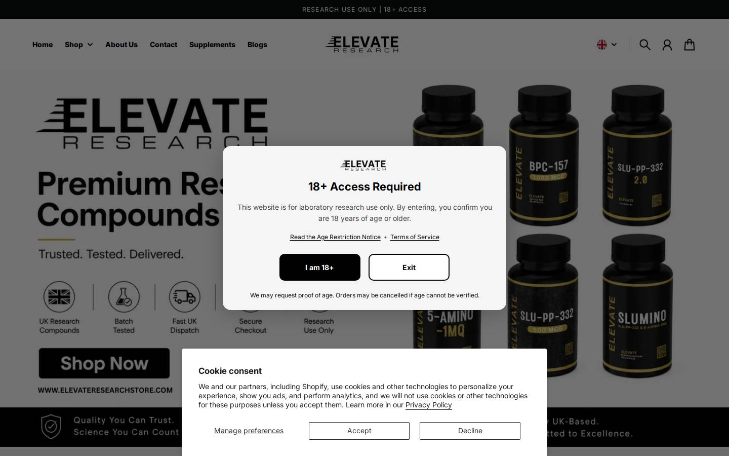 elevateresearchstore.com homepage screenshot