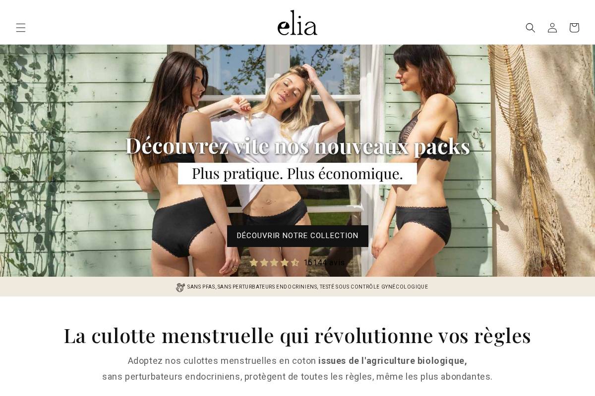 Elia, la culotte menstruelle en coton bio  homepage screenshot