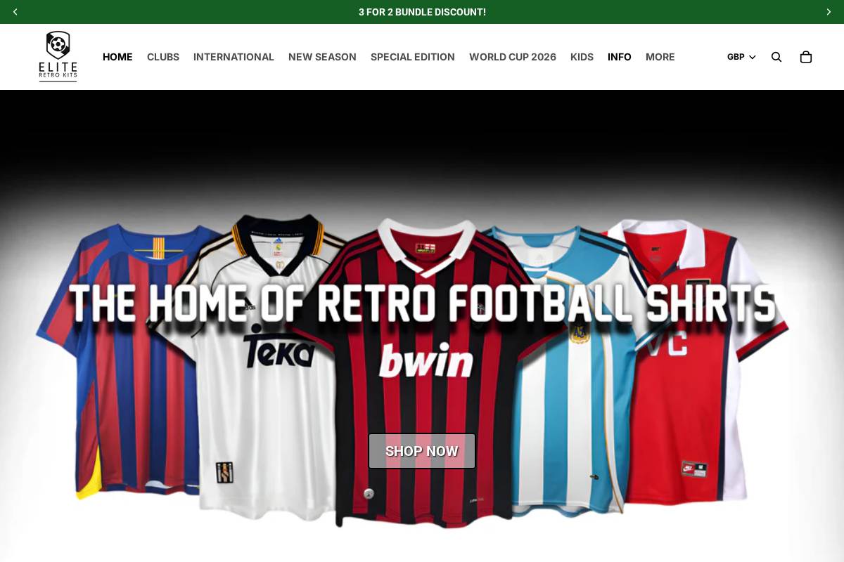 Elite Retro Kits homepage screenshot
