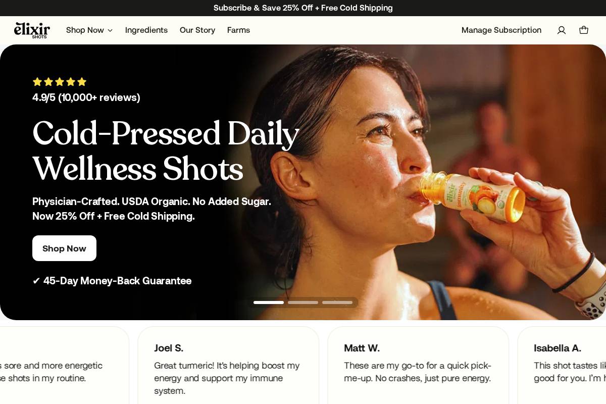 Elixir Shots homepage screenshot