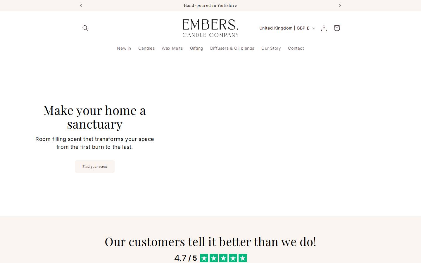 Embers Candle Company homepage screenshot