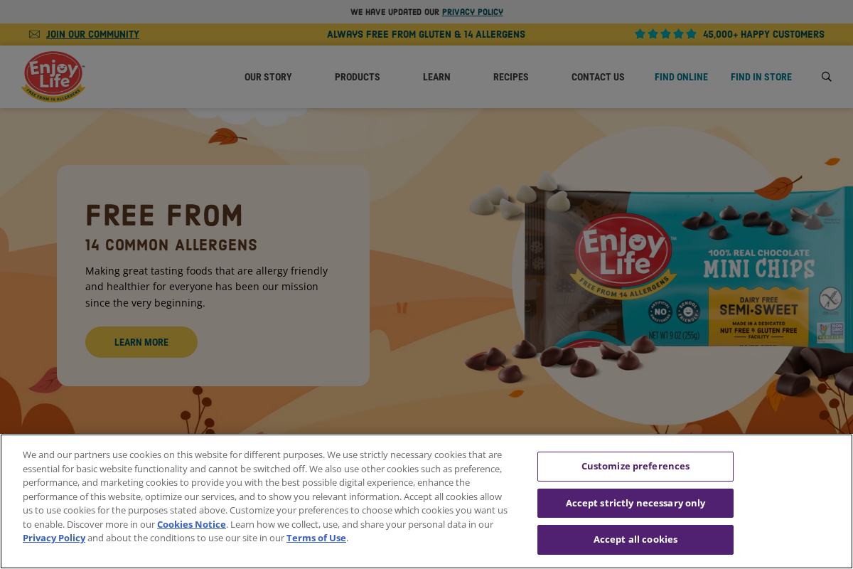 Enjoy Life Foods homepage screenshot