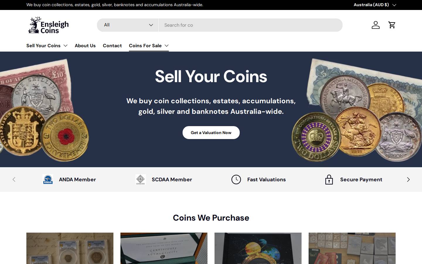 ensleighcoins.com homepage screenshot