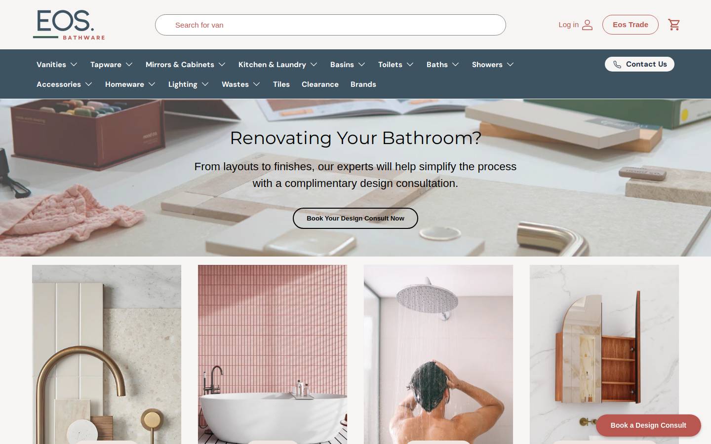 Eos Bathware homepage screenshot