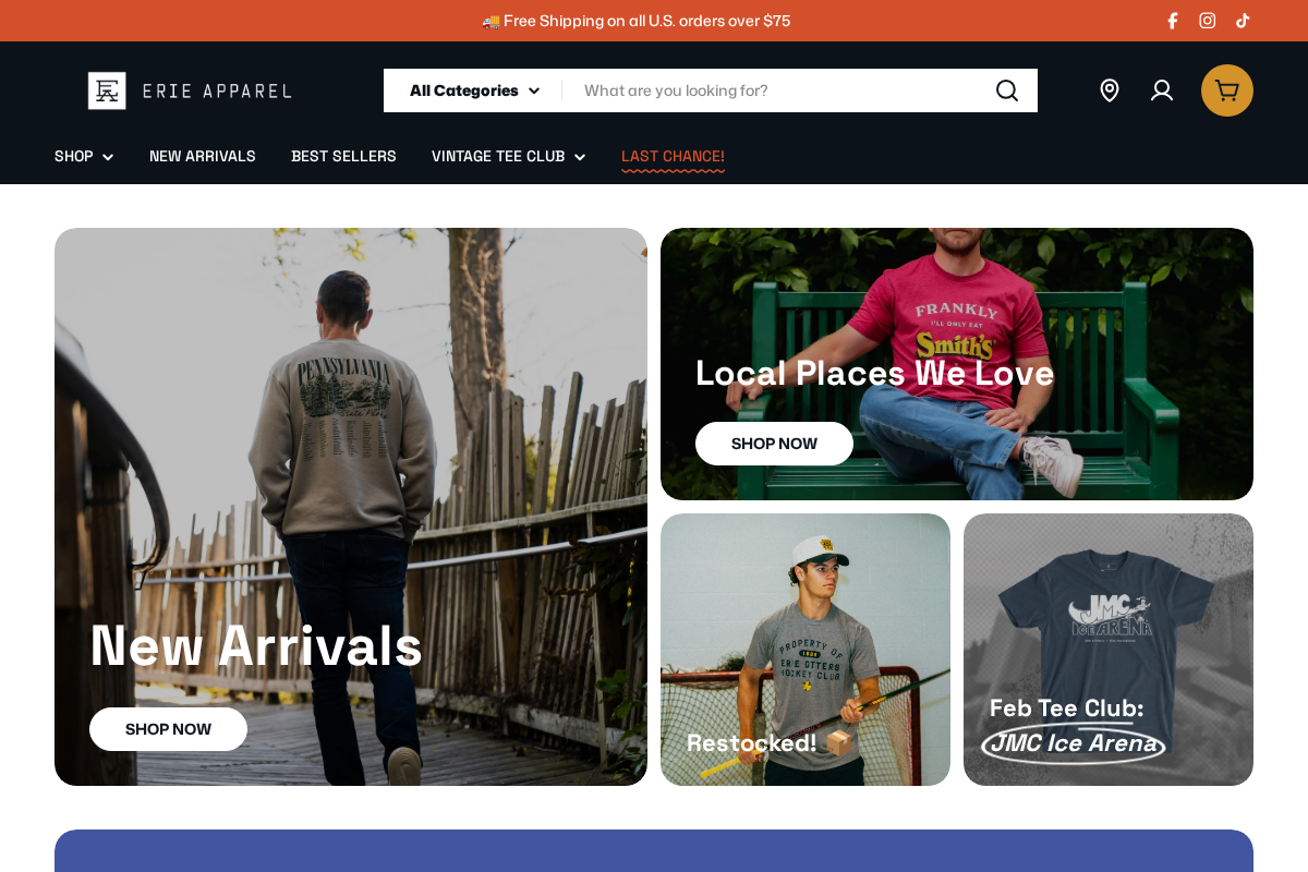 Erie Apparel homepage screenshot