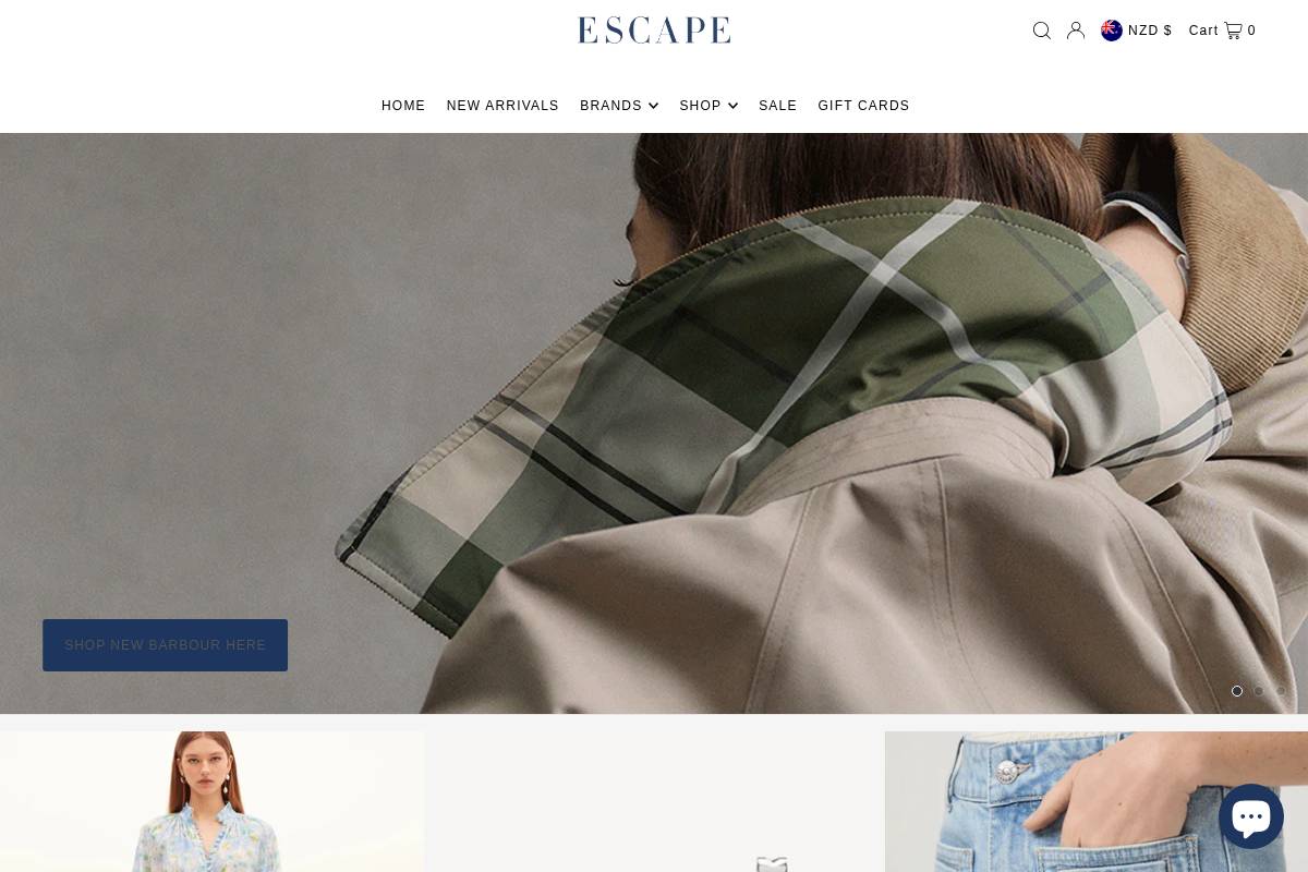 escapeclothing.co.nz homepage screenshot