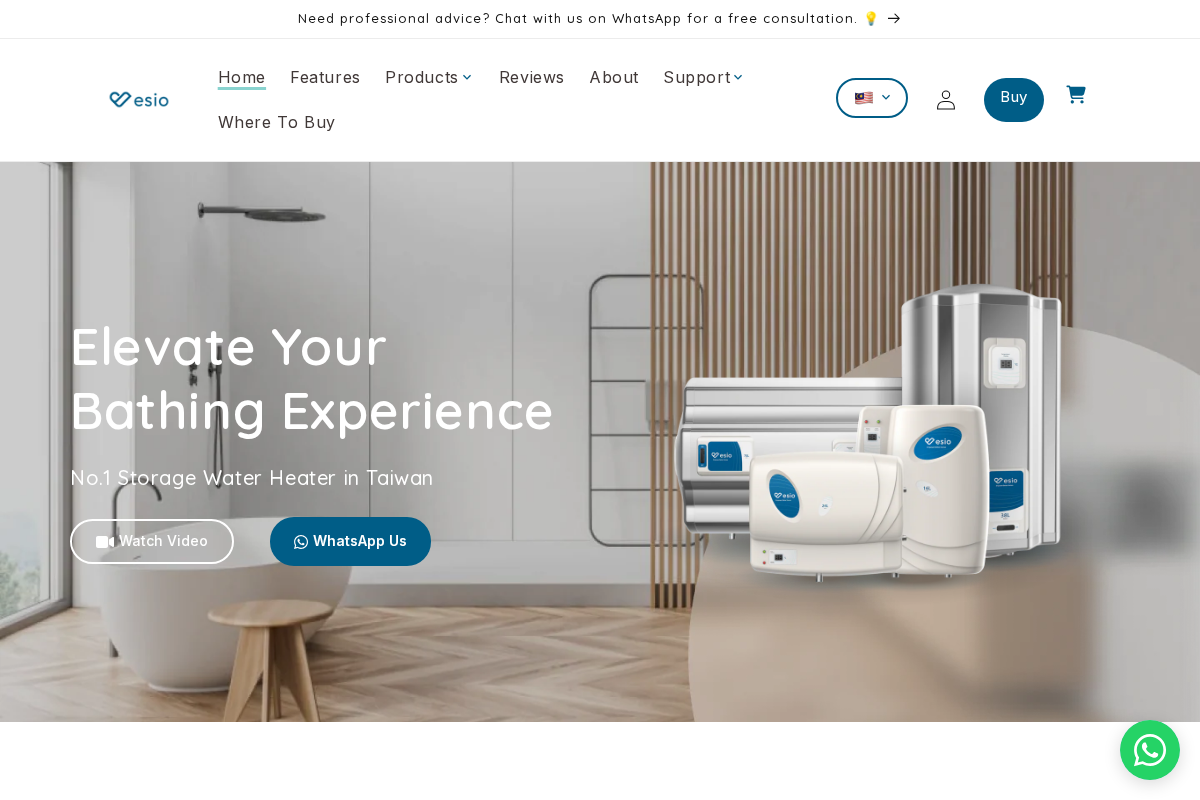 Esio Storage Water Heater homepage screenshot