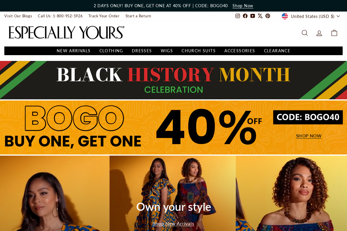 Especially Yours homepage screenshot