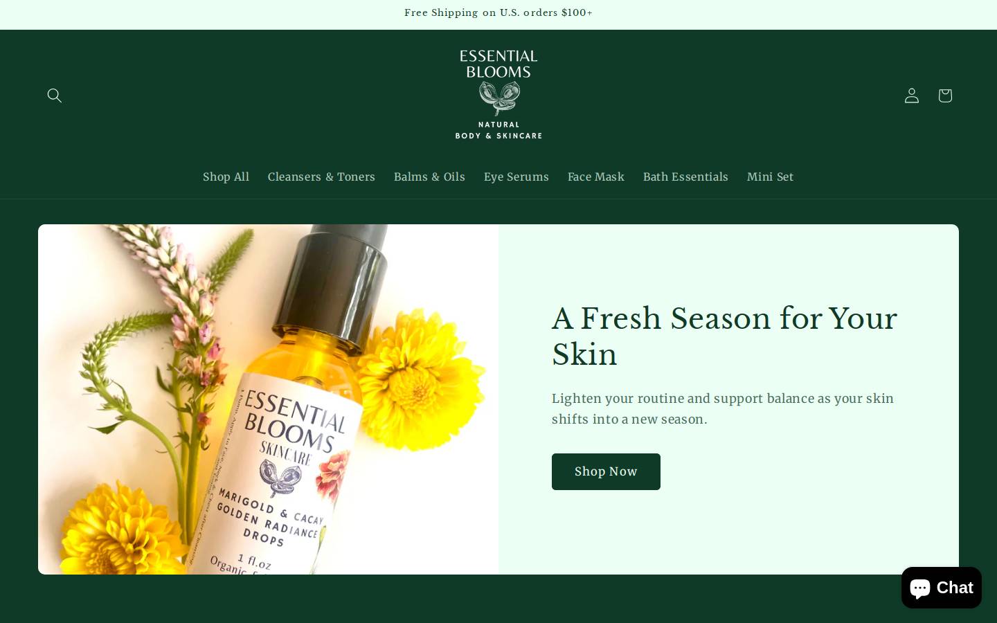 essentialbloomsskincare.com homepage screenshot