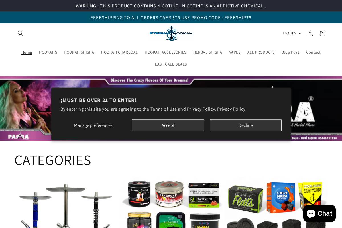 eternalhookah.com homepage screenshot