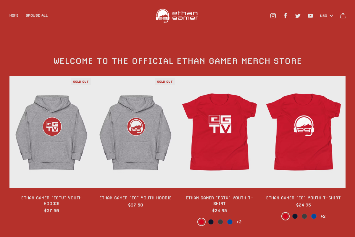 ethangamer.store homepage screenshot