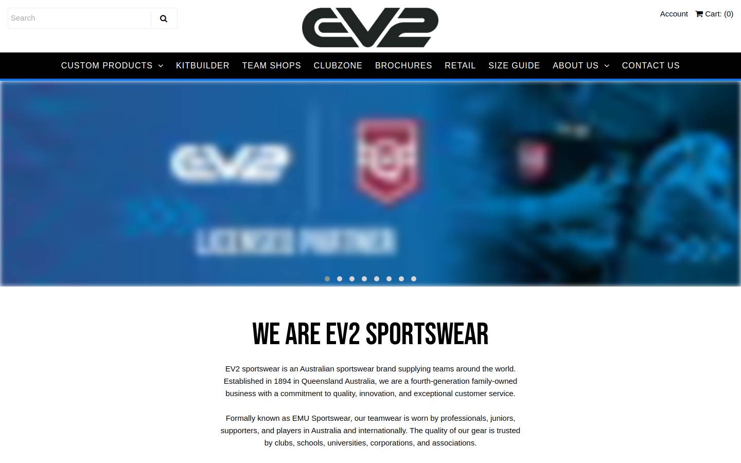 EV2 Sportswear homepage screenshot
