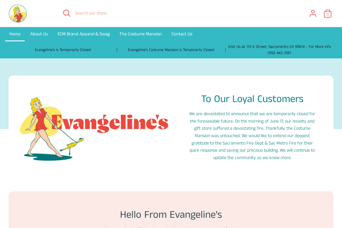 Evangeline's homepage screenshot