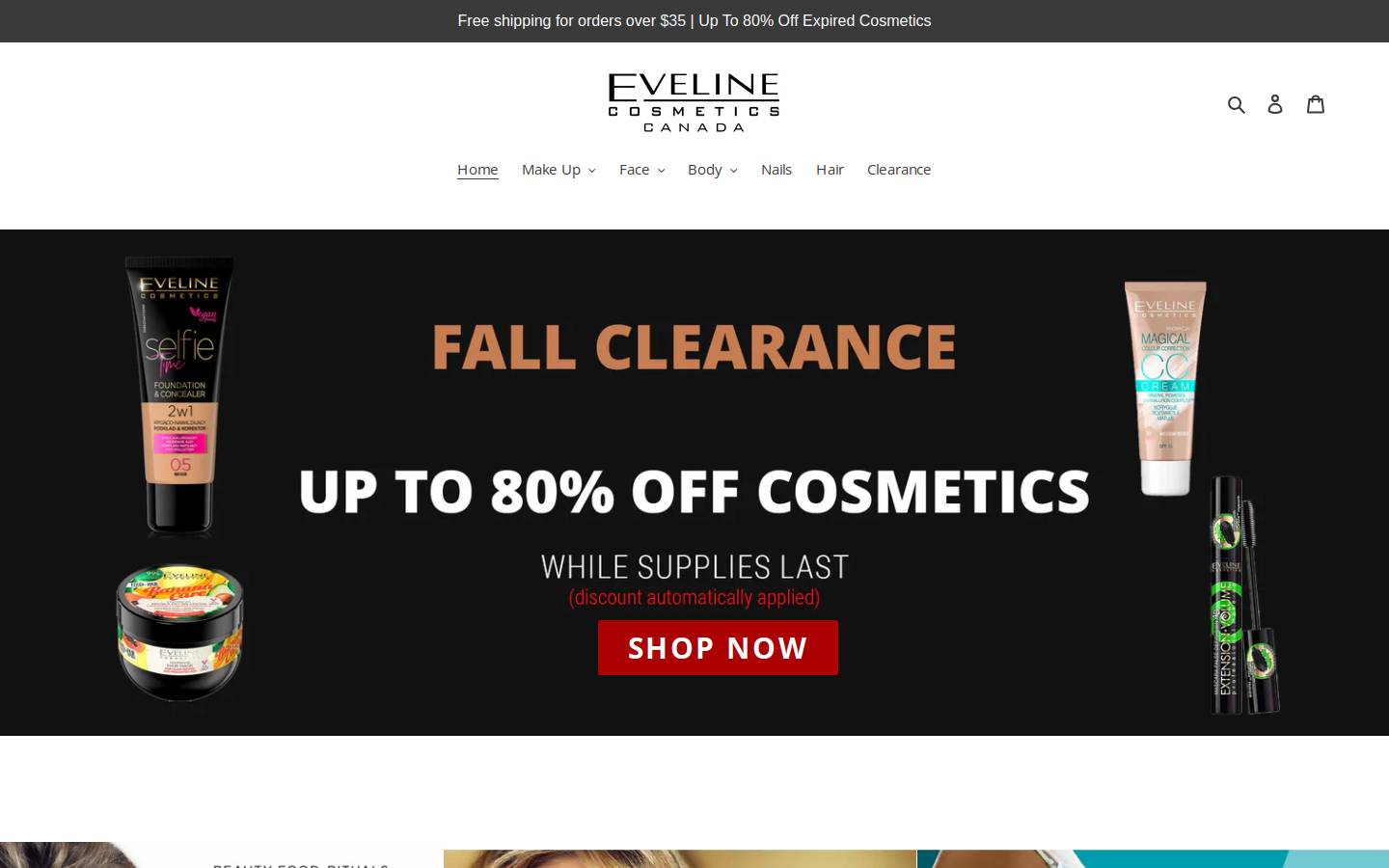 Evelinecosmetics homepage screenshot