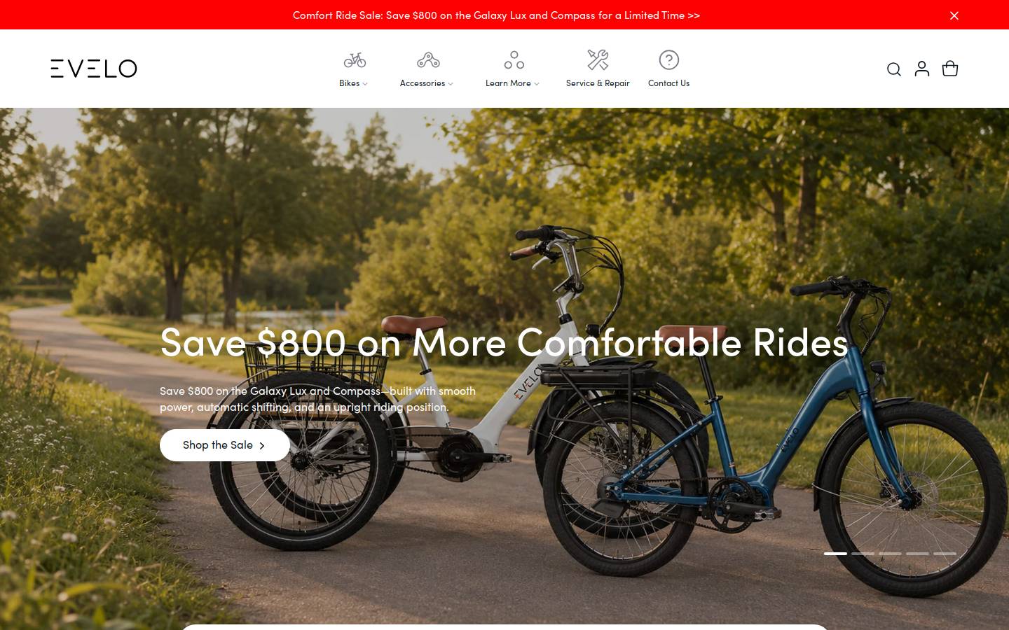 EVELO Electric Bicycles homepage screenshot