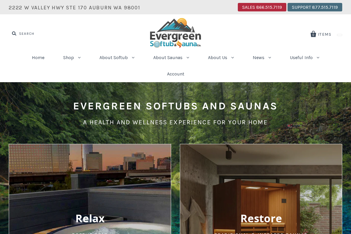 evergreensoftub.com homepage screenshot
