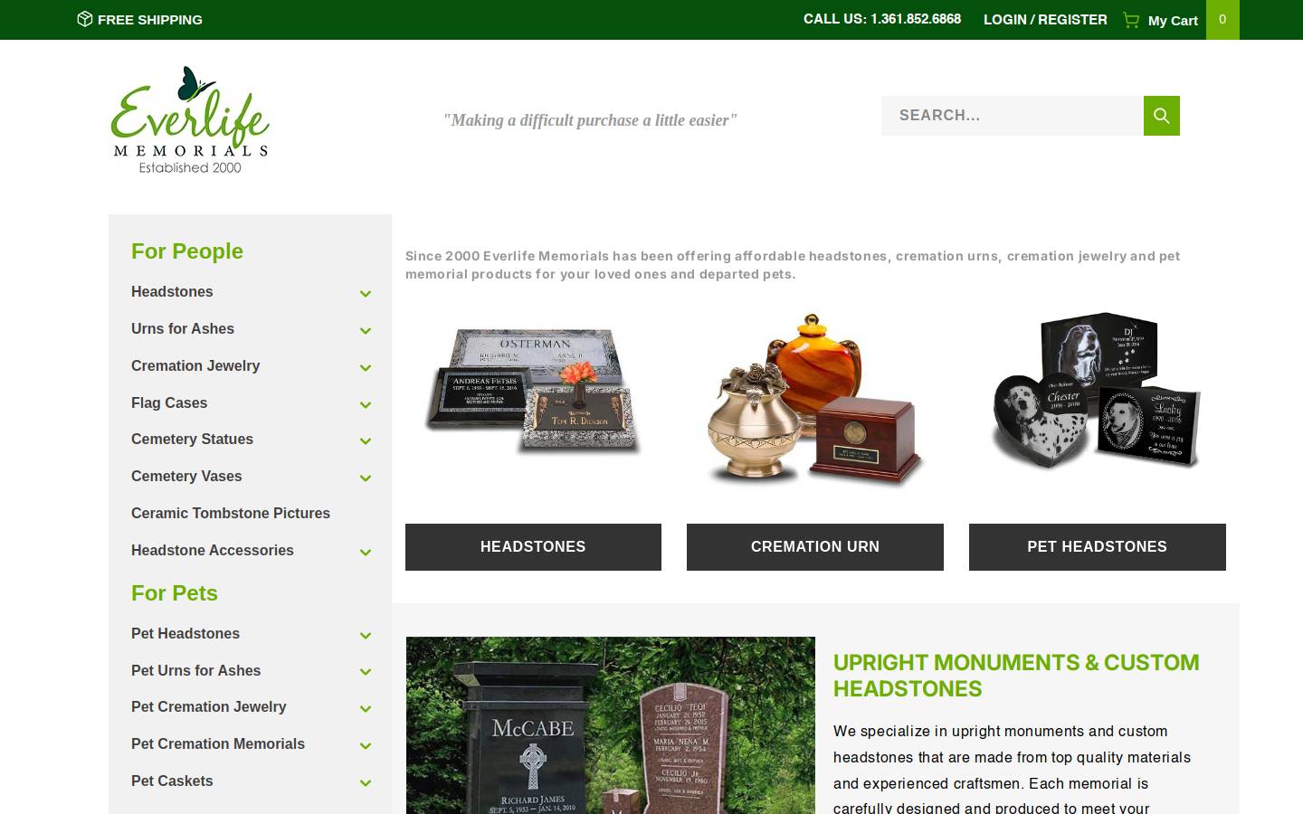 Everlifememorials homepage screenshot