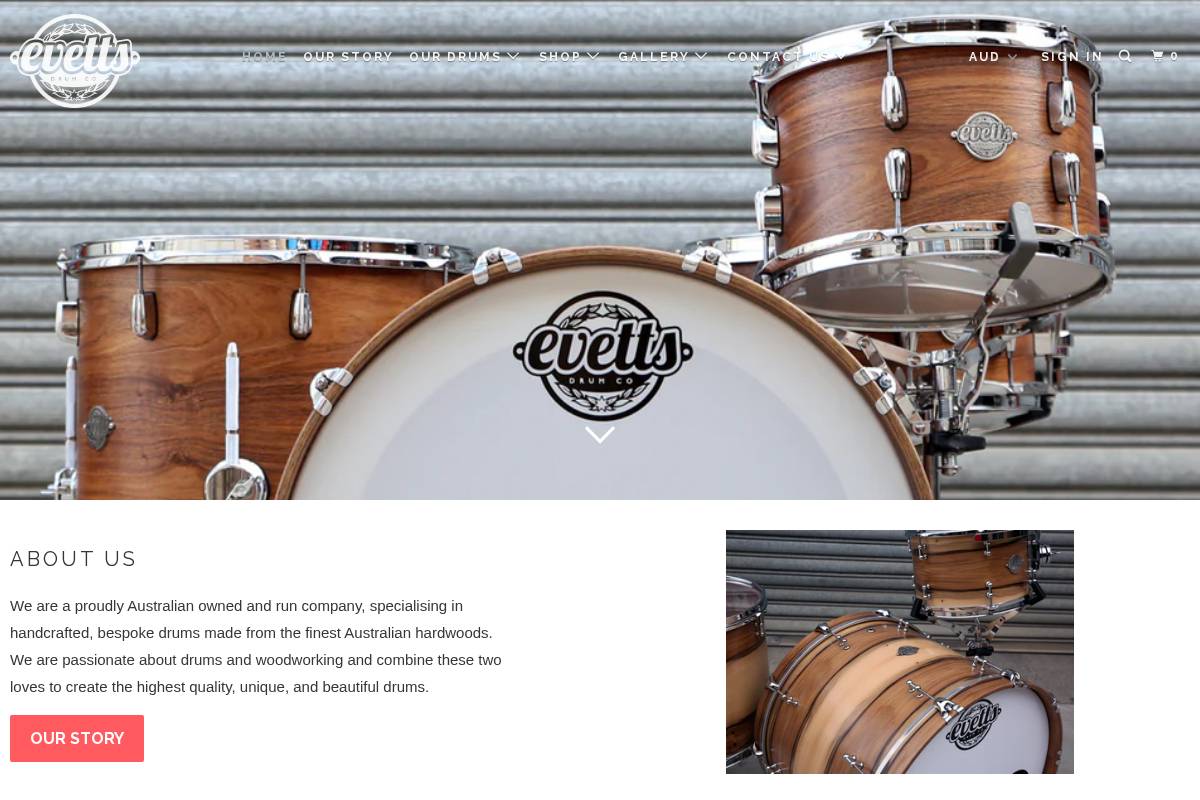 evettsdrums.com.au homepage screenshot