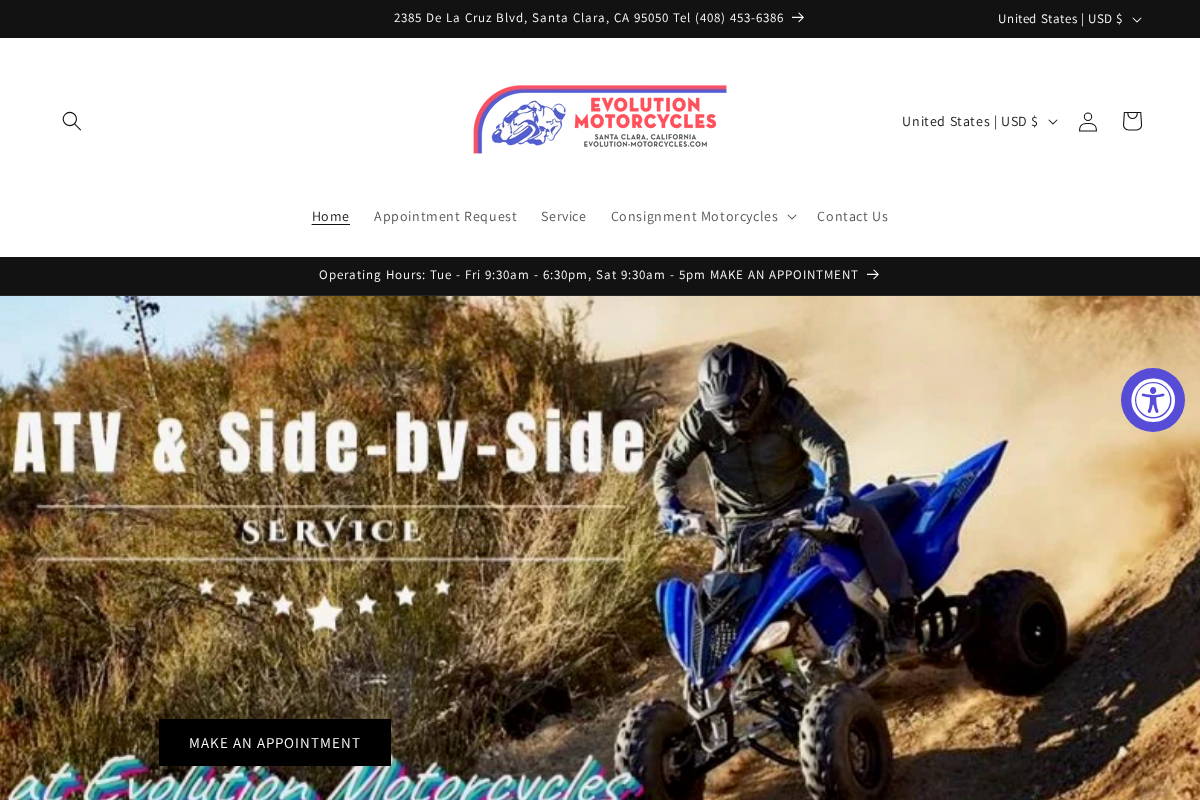 Evolution Motorcycles homepage screenshot