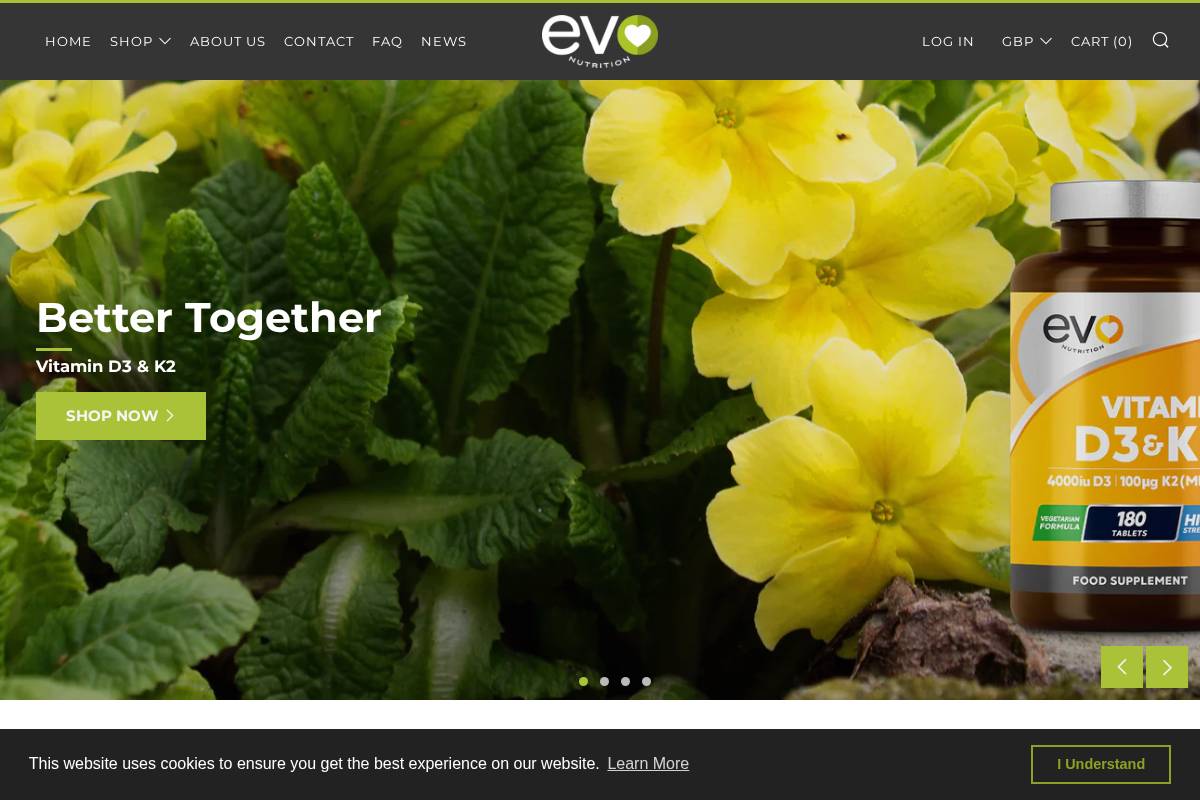 Evo Nutrition homepage screenshot