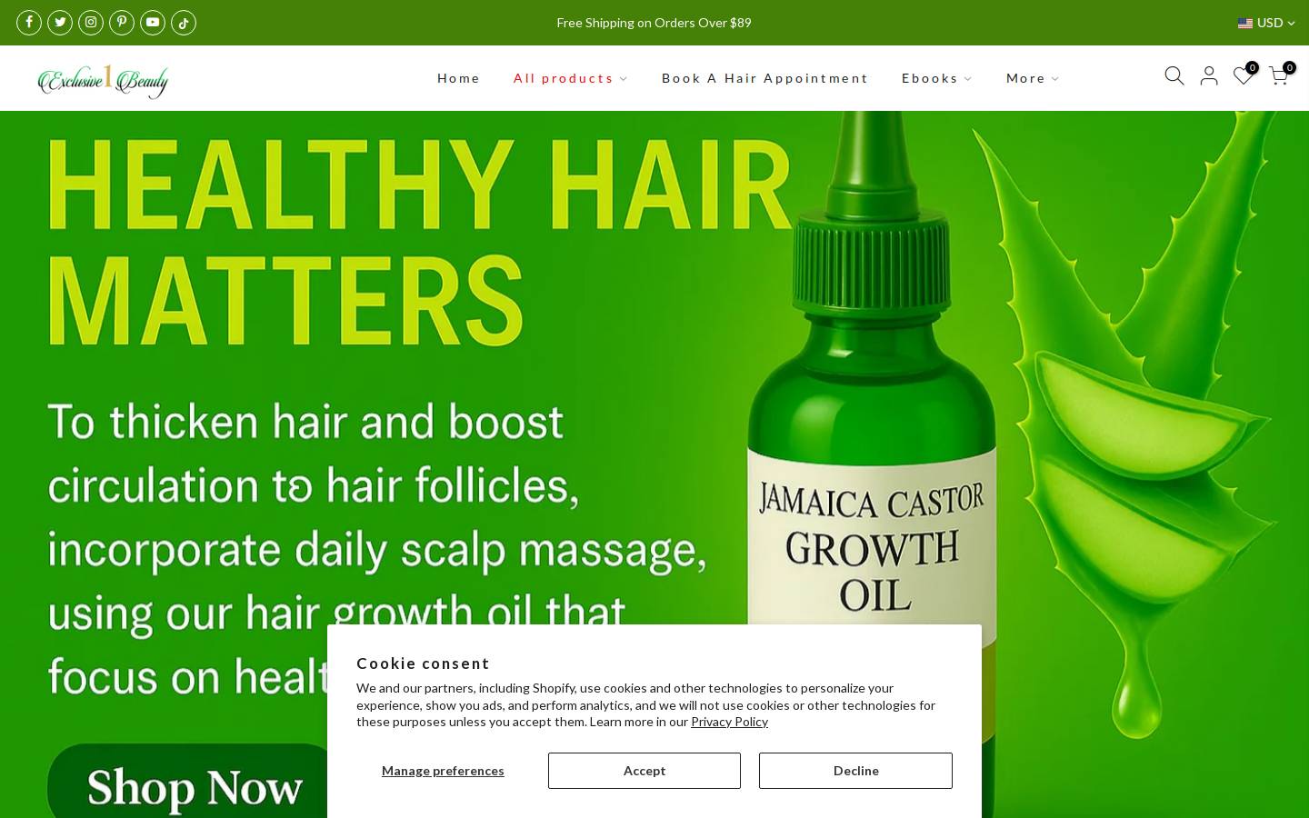 exclusive1beauty.com homepage screenshot