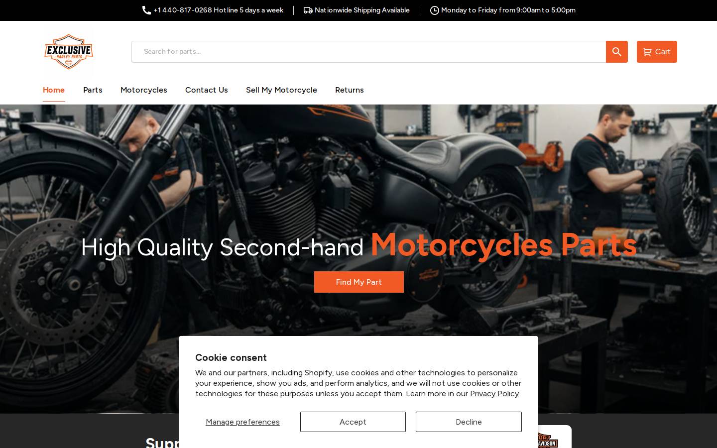 exclusiveharleyparts.com homepage screenshot