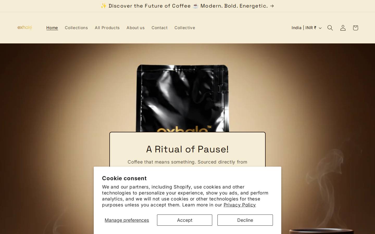 Exhale Healthy Coffee homepage screenshot