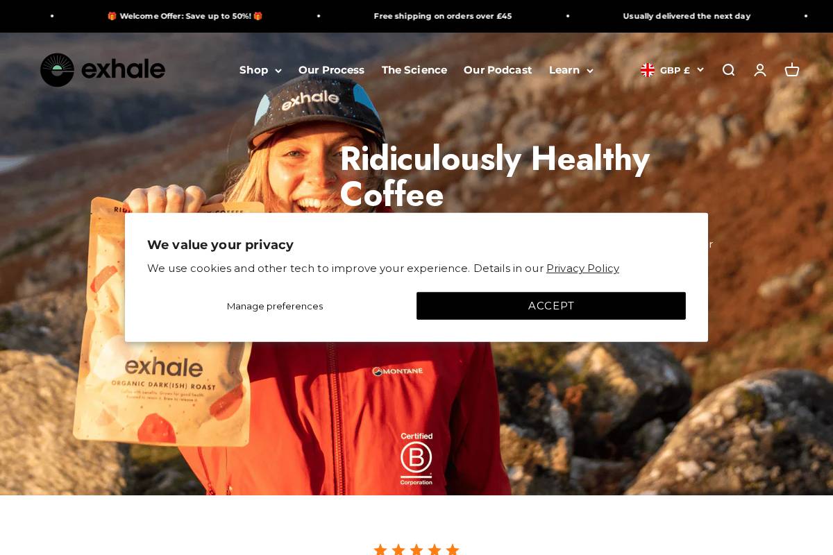Exhale Healthy Coffee homepage screenshot
