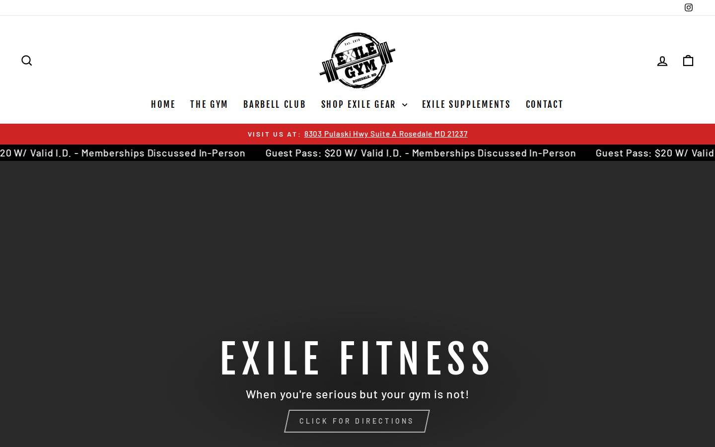 exilefitnessbarbell.com homepage screenshot