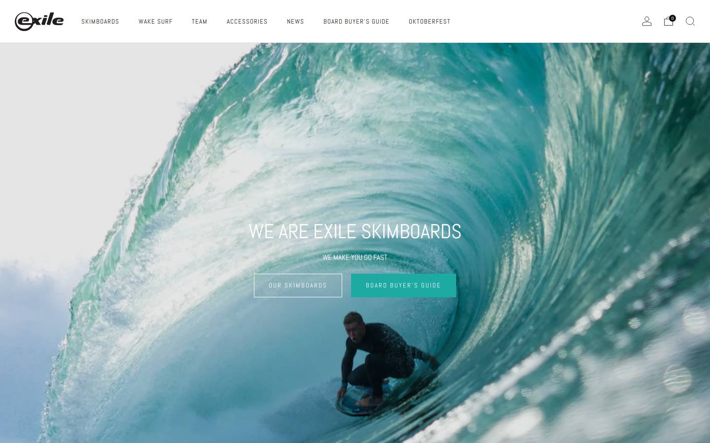 Exile Skimboards homepage screenshot