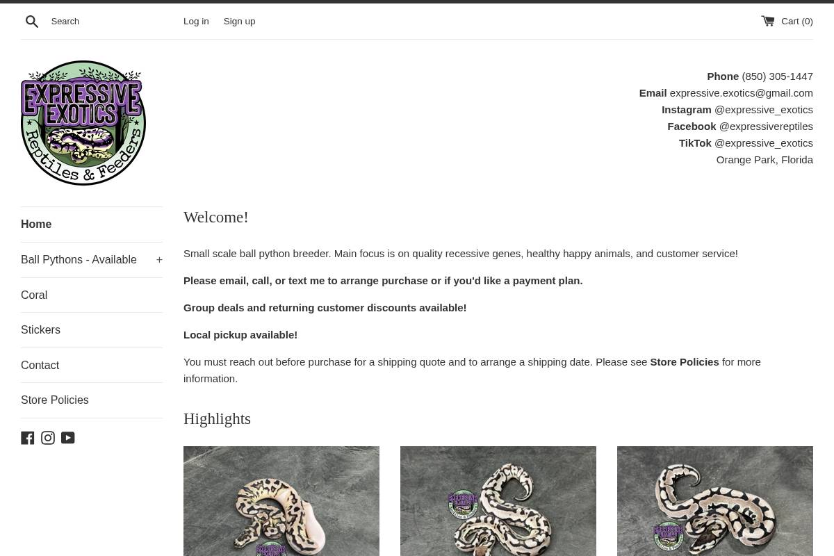 expressiveexotics.com homepage screenshot