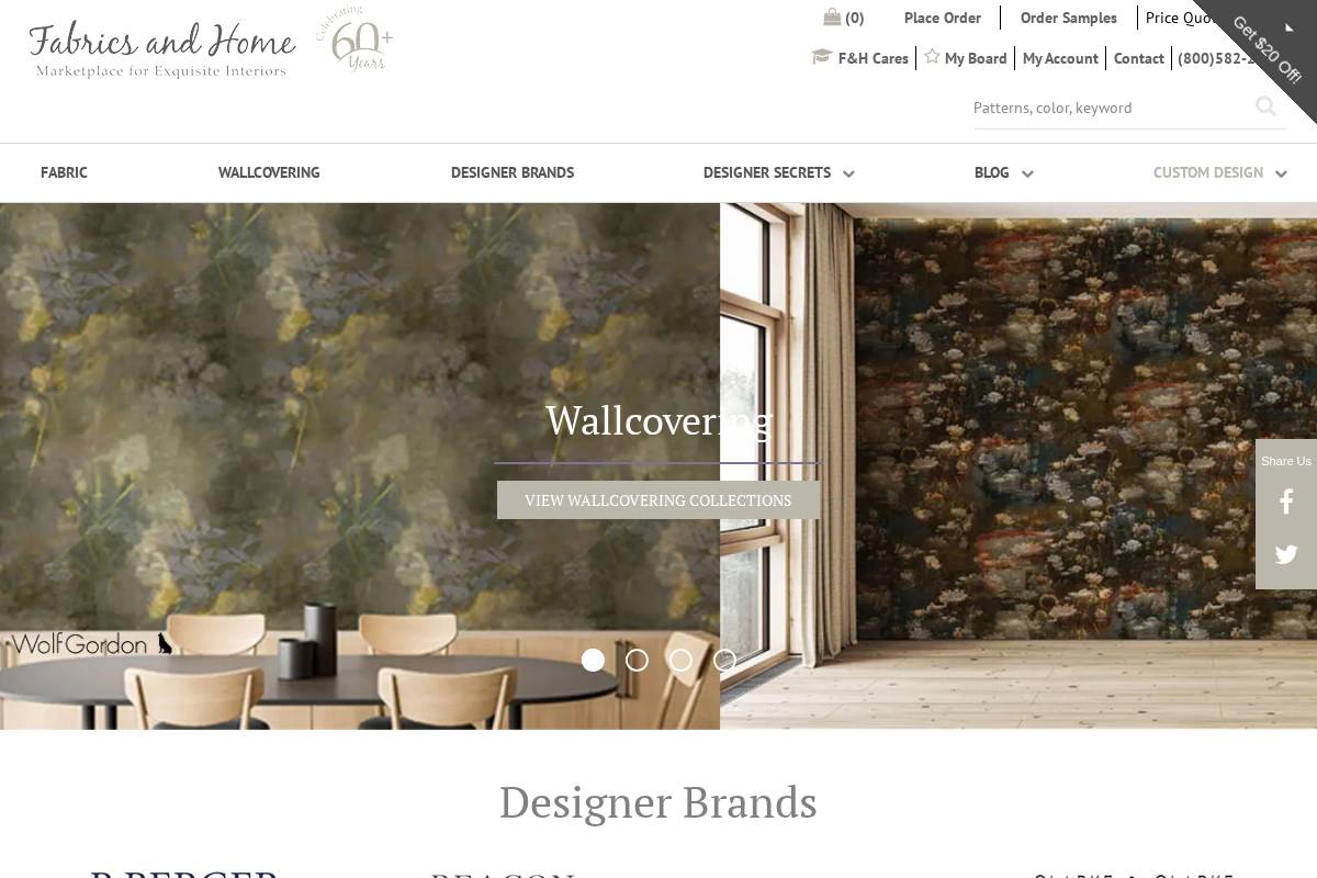 fabricsandhome.com homepage screenshot