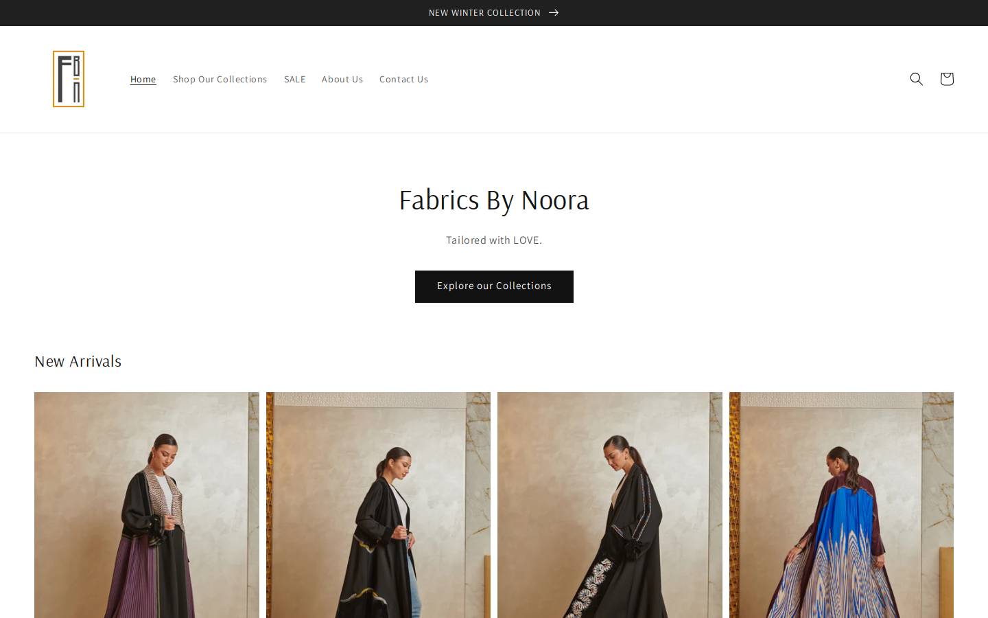 fabricsbynoora.com homepage screenshot